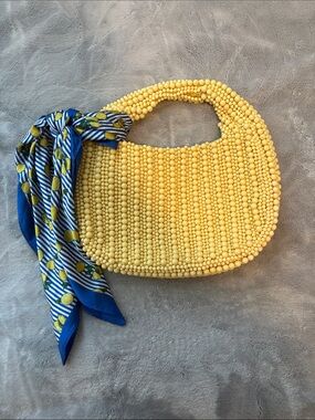 Yellow Beaded Handle Shoulder Bag with Blue Scarf